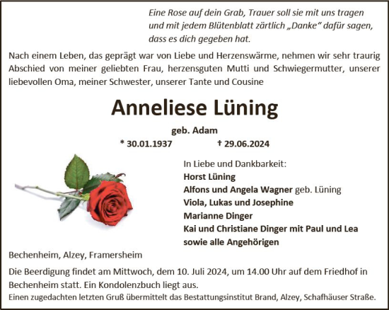 Traueranzeige von Anneliese Lüning von Allgemeine Zeitung Alzey