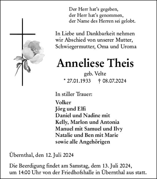 Traueranzeige von Anneliese Theis von Dill Block