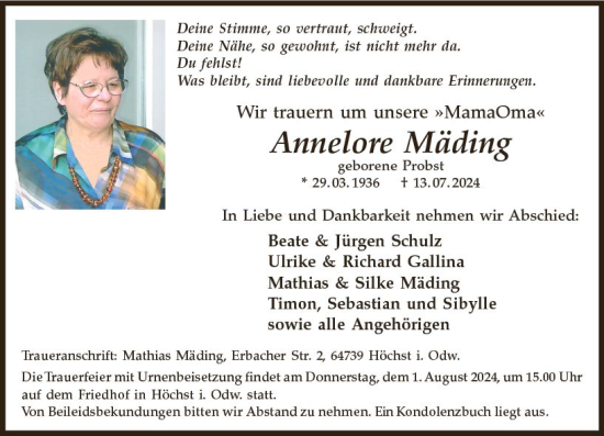 Traueranzeige von Annelore Mäding von Odenwälder Echo