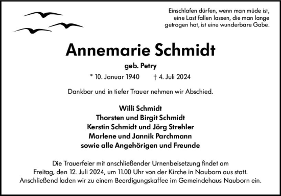 Traueranzeige von Annemarie Schmidt von Wetzlarer Neue Zeitung