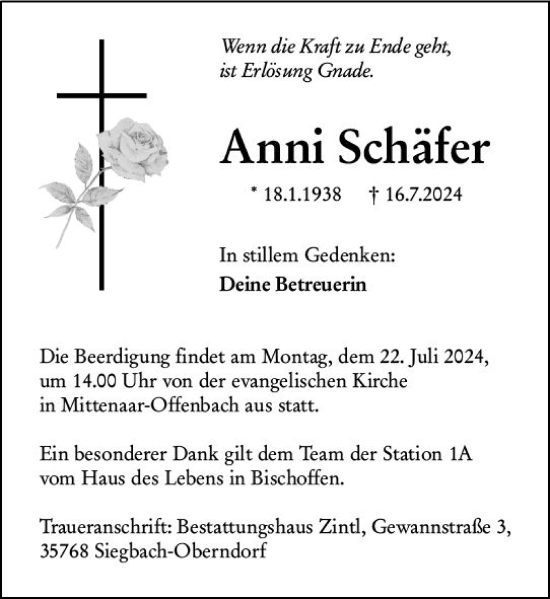 Traueranzeige von Anni Schäfer von Dill Block