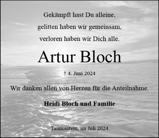 Traueranzeige von Artur Bloch von Wiesbadener Kurier