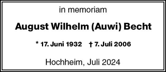 Traueranzeige von August Wilhelm Becht von Hochheimer Zeitung