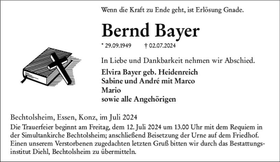 Traueranzeige von Bernd Bayer von Allgemeine Zeitung Alzey