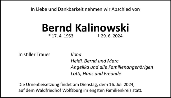 Traueranzeige von Bernd Kalinowski von Allgemeine Zeitung Mainz