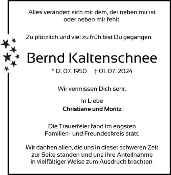 Traueranzeige von Bernd Kaltenschnee von Darmstädter Echo