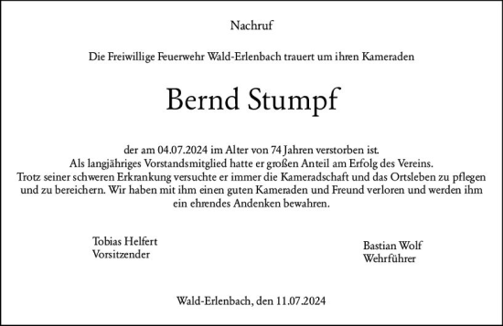 Traueranzeige von Bernd Stumpf von Starkenburger Echo