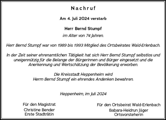 Traueranzeige von Bernd Stumpf von Starkenburger Echo