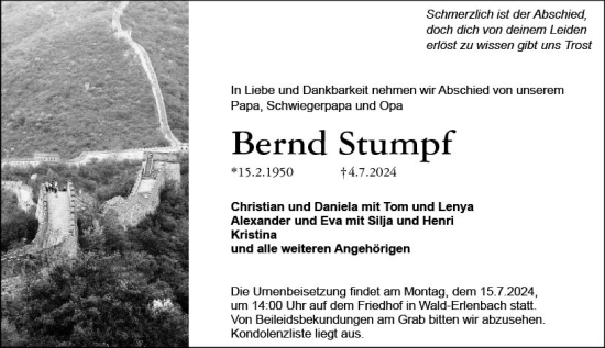 Traueranzeige von Bernd Stumpf von Starkenburger Echo
