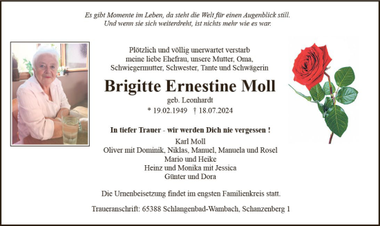 Traueranzeige von Brigitte Ernestine Moll von Wiesbadener Kurier