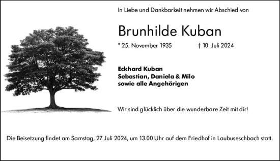 Traueranzeige von Brunhilde Kuban von Weilburger Tageblatt