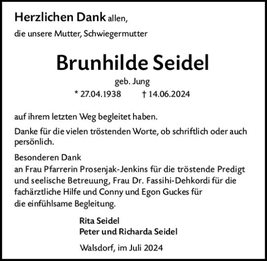 Traueranzeige von Brunhilde Seidel von Camberger Anzeiger