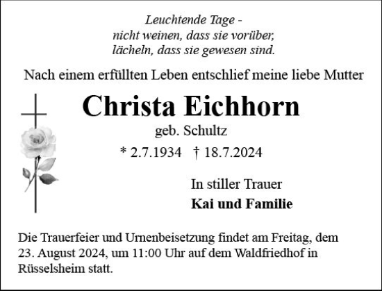 Traueranzeige von Christa Eichhorn von Rüsselsheimer Echo