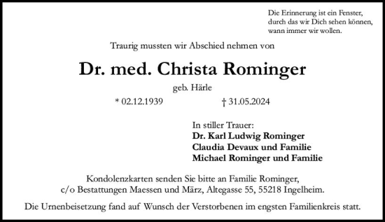 Traueranzeige von Christa Rominger von Allgemeine Zeitung Rheinhessen-Nahe
