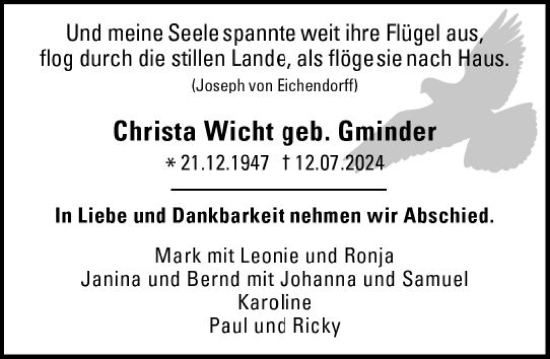 Traueranzeige von Christa Wicht von Darmstädter Echo
