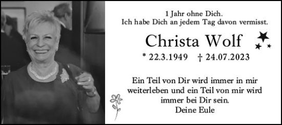 Traueranzeige von Christa Wolf von Wiesbadener Kurier