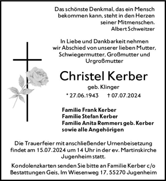 Traueranzeige von Christel Kerber von Allgemeine Zeitung Alzey