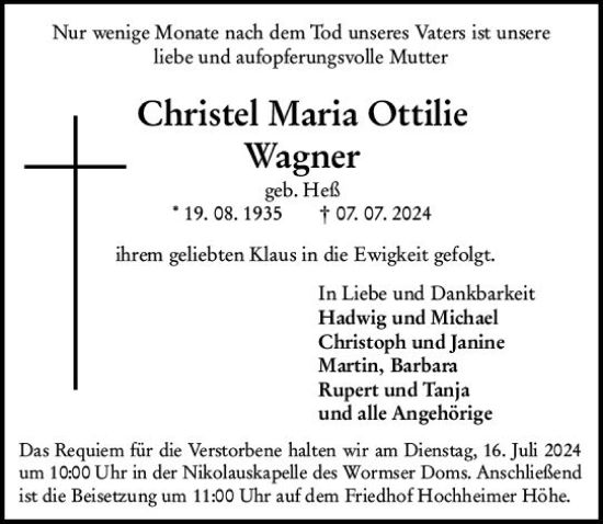Traueranzeige von Christel Maria Ottilie Wagner von Wormser Zeitung