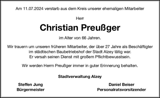 Traueranzeige von Christian Preußger von Allgemeine Zeitung Alzey
