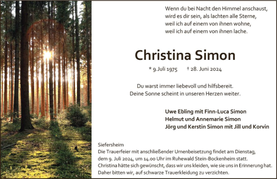 Traueranzeige von Christina Simon von Allgemeine Zeitung Alzey
