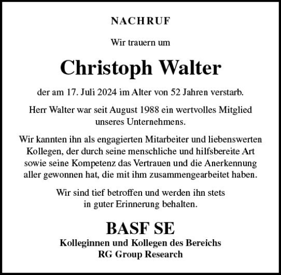 Traueranzeige von Christoph Walter von Wormser Zeitung