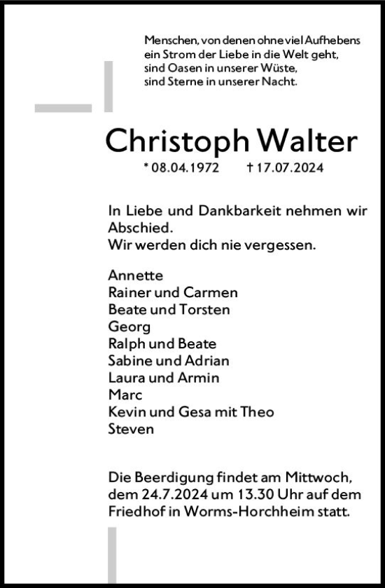 Traueranzeige von Christoph Walter von Wormser Zeitung