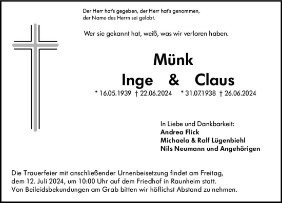 Traueranzeige von Claus Münk von Rüsselsheimer Echo