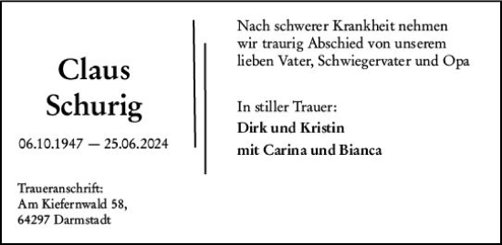 Traueranzeige von Claus Schurig von Darmstädter Echo