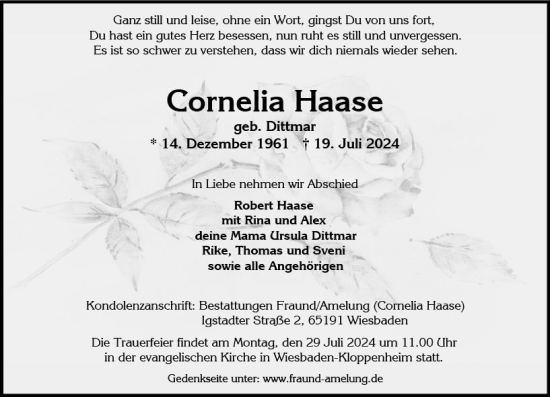 Traueranzeige von Cornelia Haase von Wiesbadener Kurier