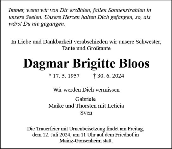 Traueranzeige von Dagmar Bloos von Allgemeine Zeitung Mainz