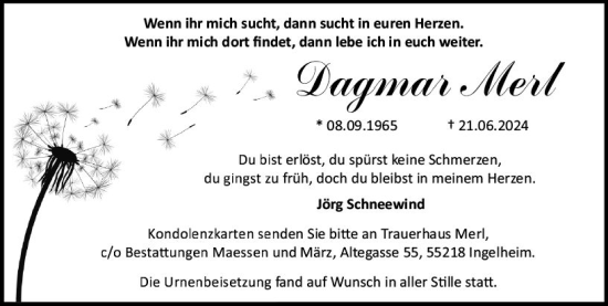 Traueranzeige von Dagmar Merl von Allgemeine Zeitung Rheinhessen-Nahe
