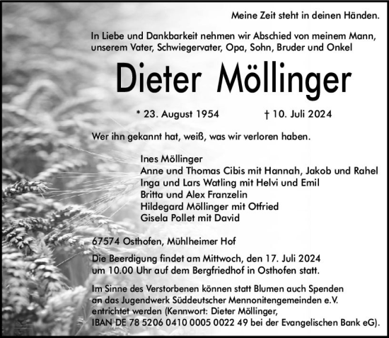 Traueranzeige von Dieter Möllinger von Wormser Zeitung