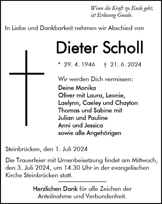 Traueranzeige von Dieter Scholl von Dill Block
