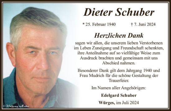Traueranzeige von Dieter Schuber von Camberger Anzeiger