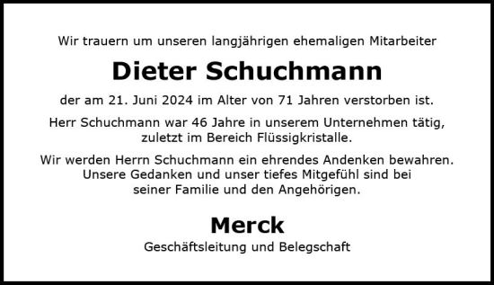 Traueranzeige von Dieter Schuchmann von Darmstädter Echo