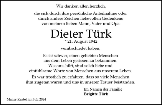 Traueranzeige von Dieter Türk von Wiesbadener Kurier
