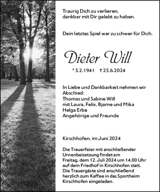 Traueranzeige von Dieter Will von Weilburger Tageblatt