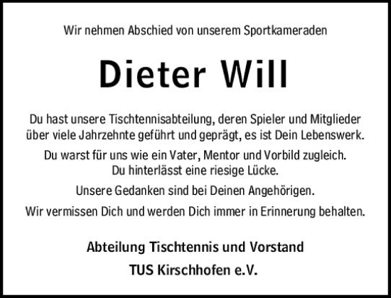Traueranzeige von Dieter Will von Weilburger Tageblatt