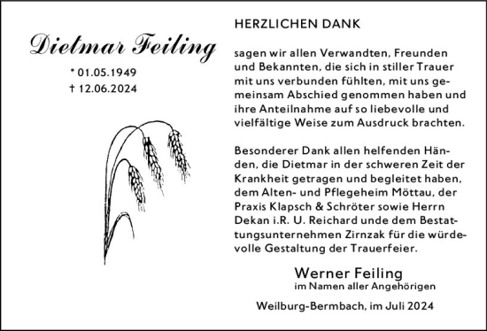 Traueranzeige von Dietmar Feiling von Weilburger Tageblatt