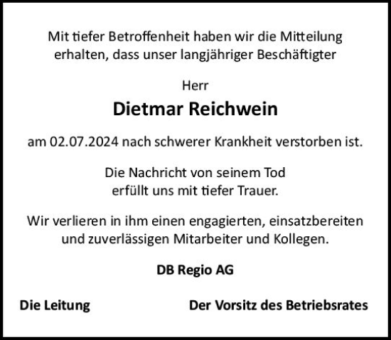 Traueranzeige von Dietmar Reichwein von Wetzlarer Neue Zeitung