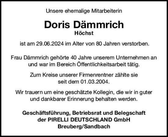 Traueranzeige von Doris Dämmrich von Odenwälder Echo