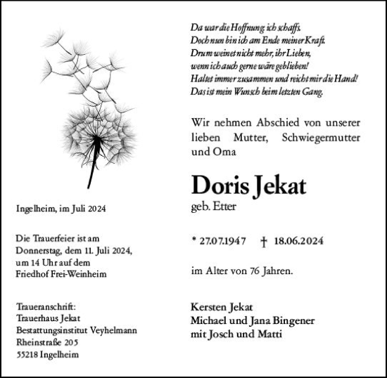 Traueranzeige von Doris Jekat von Allgemeine Zeitung Rheinhessen-Nahe