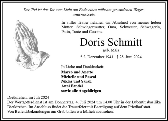 Traueranzeige von Doris Schmitt von Nassauische Neue Presse