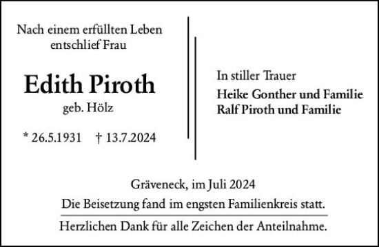Traueranzeige von Edith Piroth von Weilburger Tageblatt