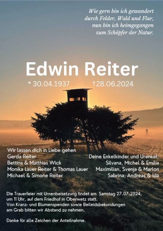 Traueranzeige von Edwin Reiter von Wetzlarer Neue Zeitung