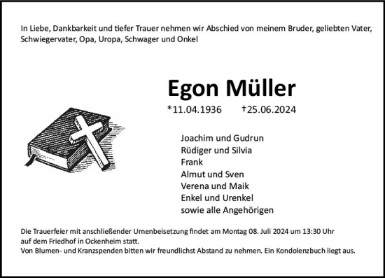 Traueranzeige von Egon Müller von Allgemeine Zeitung Rheinhessen-Nahe