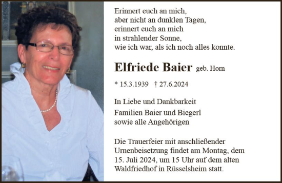 Traueranzeige von Elfriede Baier von Rüsselsheimer Echo