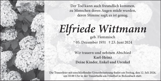 Traueranzeige von Elfriede Wittmann von Darmstädter Echo