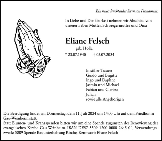 Traueranzeige von Eliane Feisch von Allgemeine Zeitung Alzey