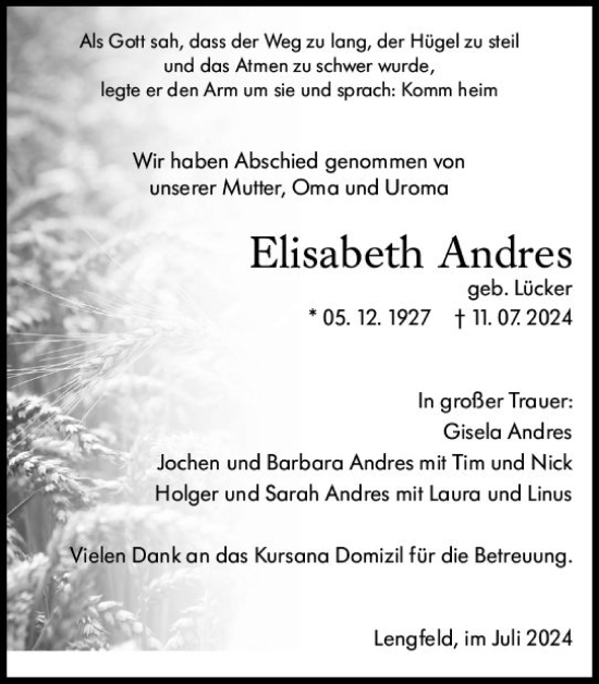 Traueranzeige von Elisabeth Andres von Darmstädter Echo